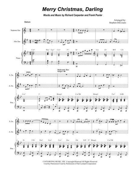 Free Sheet Music Merry Christmas Darling Duet For Soprano And Alto Saxophone
