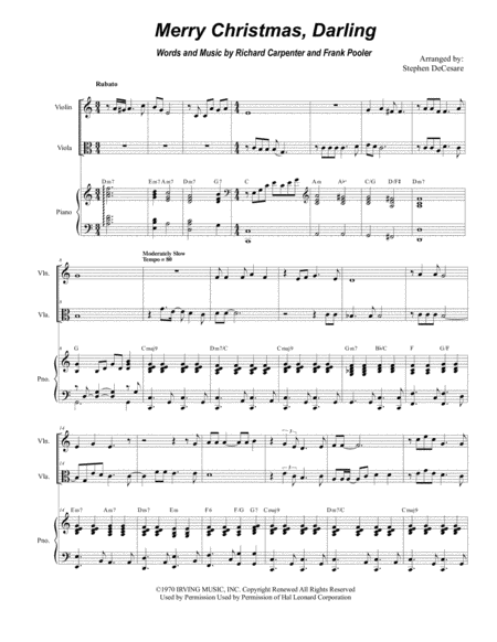 Merry Christmas Darling Duet For Violin And Viola Alternate Version Sheet Music