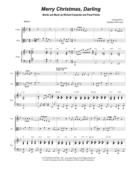 Free Sheet Music Merry Christmas Darling Duet For Violin And Viola