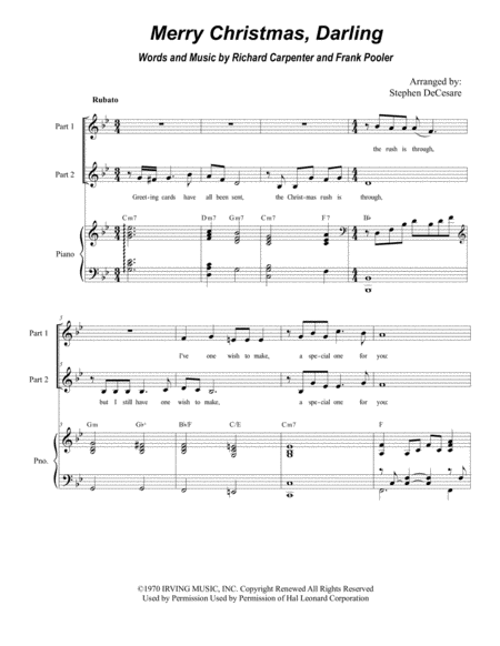 Free Sheet Music Merry Christmas Darling For 2 Part Choir