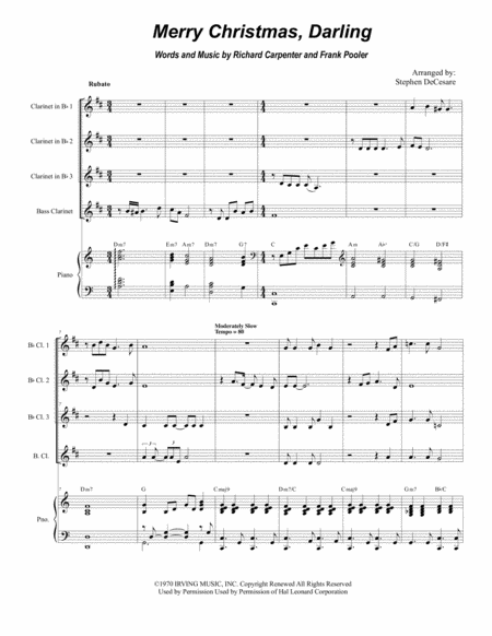 Merry Christmas Darling For Clarinet Choir And Piano Sheet Music