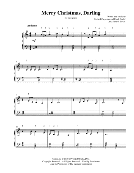 Merry Christmas Darling For Easy Piano Sheet Music