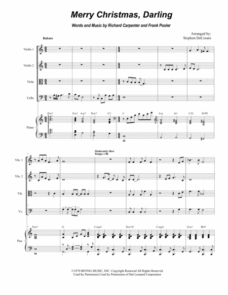 Free Sheet Music Merry Christmas Darling For String Quartet And Piano