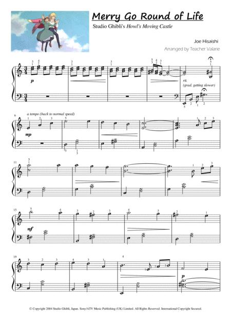Free Sheet Music Merry Go Round Of Life Howl Moving Castle Piano Solo Short Version For Grade 2 With Note Names Finger Numbers