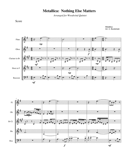 Metallica Nothing Else Matters Woodwind Quintet Sheet Music