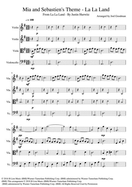 Mia Sebastians Theme String Quartet Sheet Music