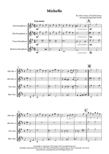 Free Sheet Music Michelle By The Beatles Saxophone Quartet Aatb