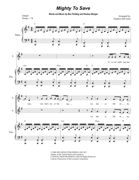 Free Sheet Music Mighty To Save Duet For Soprano And Alto Solo