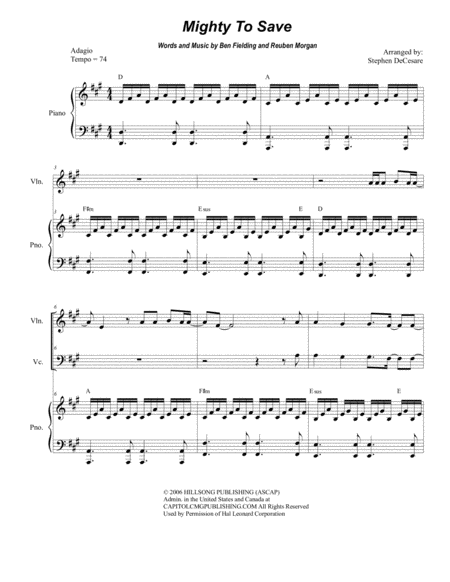 Mighty To Save Duet For Violin And Cello Sheet Music