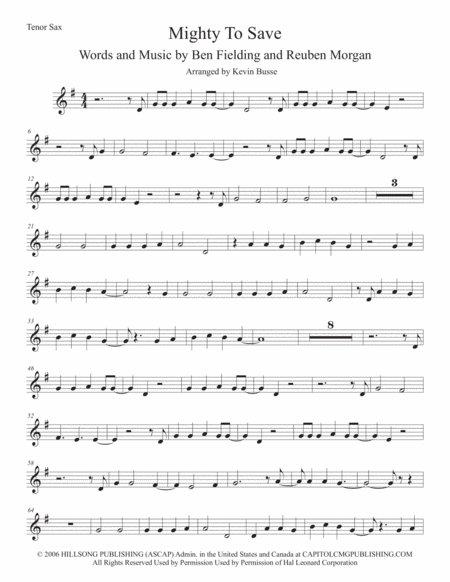 Free Sheet Music Mighty To Save Tenor Sax