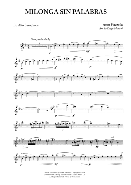 Milonga Sin Palabras For Alto Saxophone And Piano Sheet Music