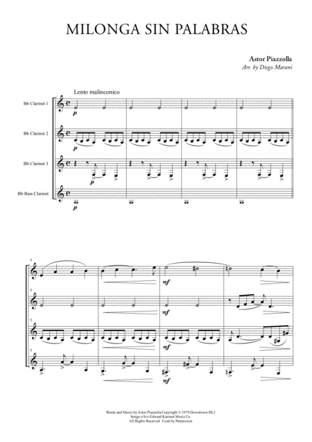 Milonga Sin Palabras For Clarinet Quartet Sheet Music