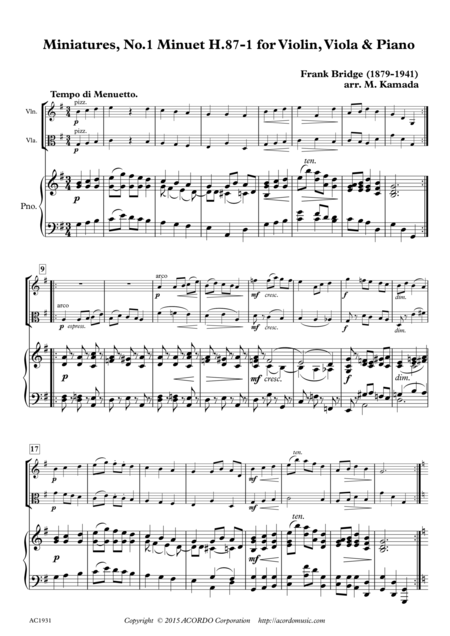 Free Sheet Music Miniatures No 1 Minuet H 87 1 For Violin Viola Piano
