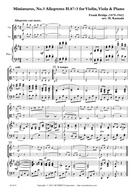 Miniatures No 3 Allegretto H 87 3 For Violin Viola Piano Sheet Music