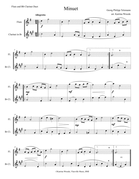 Minuet For Flute And Bb Clarinet By Telemann Sheet Music