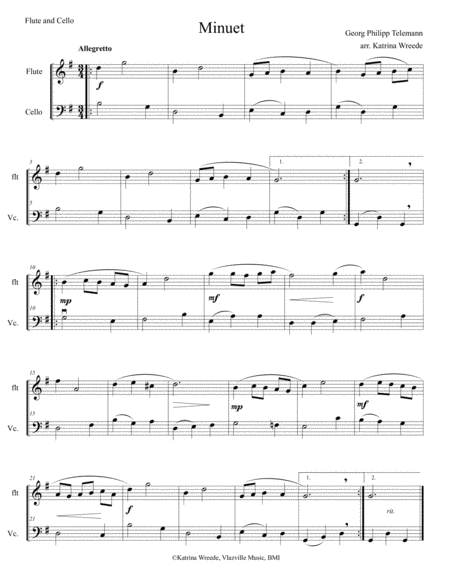 Minuet For Flute And Cello By Telemann Sheet Music