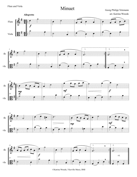 Minuet For Flute And Viola By Telemann Sheet Music