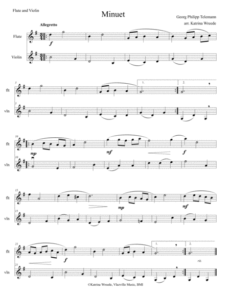 Minuet For Flute And Violin By Telemann Sheet Music