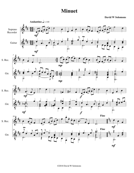 Free Sheet Music Minuet For Soprano Recorder And Guitar