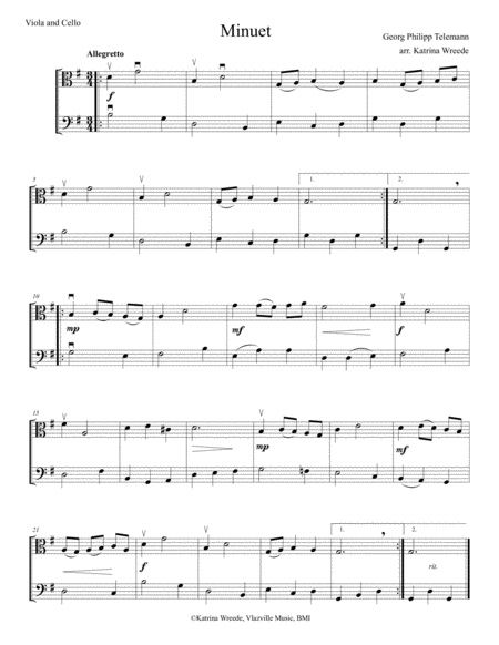 Free Sheet Music Minuet For Viola And Bass By Telemann