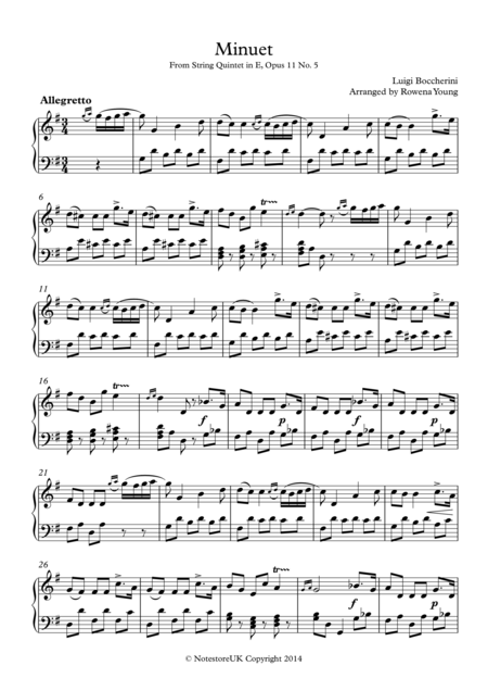 Minuet From Boccherinis String Quintet Piano Solo Sheet Music