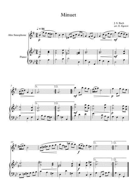 Minuet In D Minor Johann Sebastian Bach For Alto Saxophone Piano Sheet Music