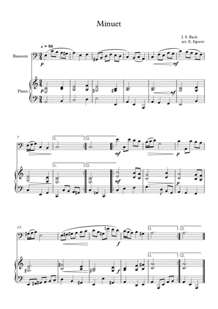 Minuet In D Minor Johann Sebastian Bach For Bassoon Piano Sheet Music