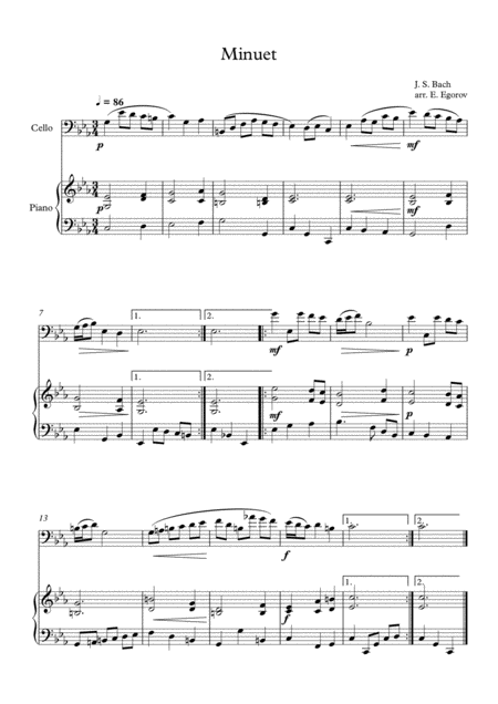 Minuet In D Minor Johann Sebastian Bach For Cello Piano Sheet Music