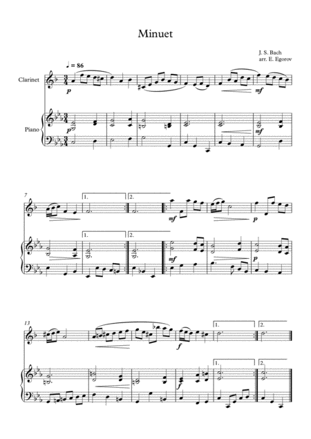 Minuet In D Minor Johann Sebastian Bach For Clarinet Piano Sheet Music