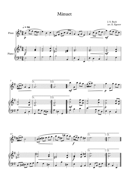 Minuet In D Minor Johann Sebastian Bach For Flute Piano Sheet Music