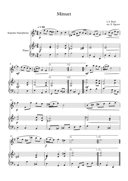 Minuet In D Minor Johann Sebastian Bach For Soprano Saxophone Piano Sheet Music