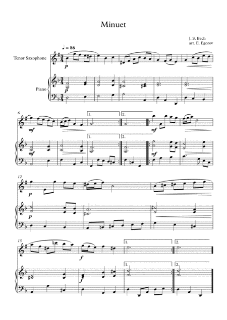 Minuet In D Minor Johann Sebastian Bach For Tenor Saxophone Piano Sheet Music