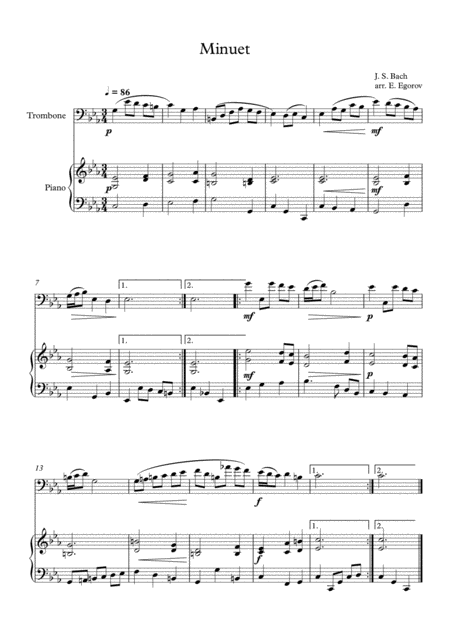 Free Sheet Music Minuet In D Minor Johann Sebastian Bach For Trombone Piano