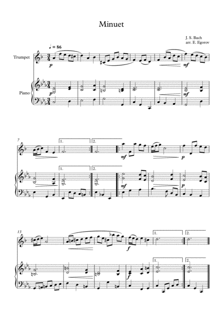 Minuet In D Minor Johann Sebastian Bach For Trumpet Piano Sheet Music