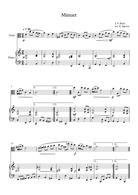 Minuet In D Minor Johann Sebastian Bach For Viola Piano Sheet Music