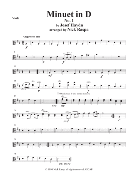Free Sheet Music Minuet In D No 1 Viola Part