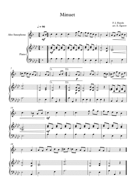 Minuet In F Major Franz Joseph Haydn For Alto Saxophone Piano Sheet Music