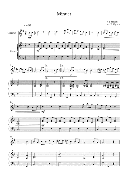Free Sheet Music Minuet In F Major Franz Joseph Haydn For Clarinet Piano
