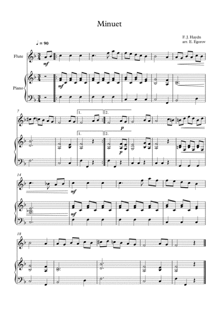 Minuet In F Major Franz Joseph Haydn For Flute Piano Sheet Music