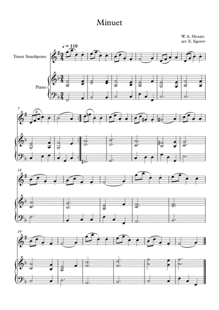 Free Sheet Music Minuet In F Major Wolfgang Amadeus Mozart For Tenor Saxophone Piano