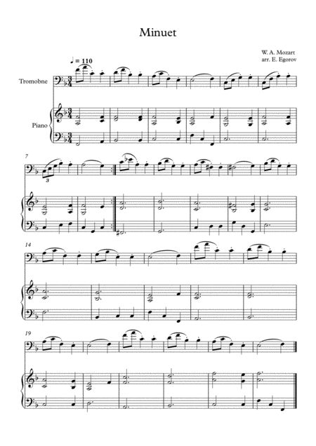 Minuet In F Major Wolfgang Amadeus Mozart For Trombone Piano Sheet Music