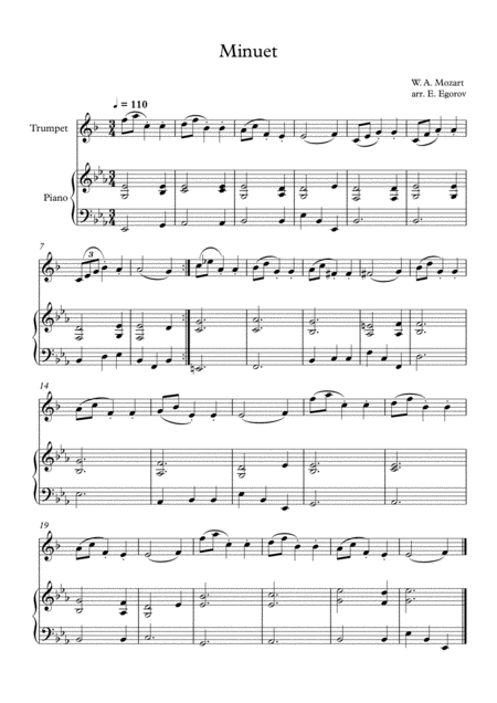 Minuet In F Major Wolfgang Amadeus Mozart For Trumpet Piano Sheet Music