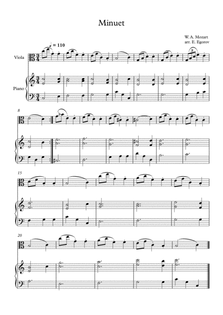 Minuet In F Major Wolfgang Amadeus Mozart For Viola Piano Sheet Music