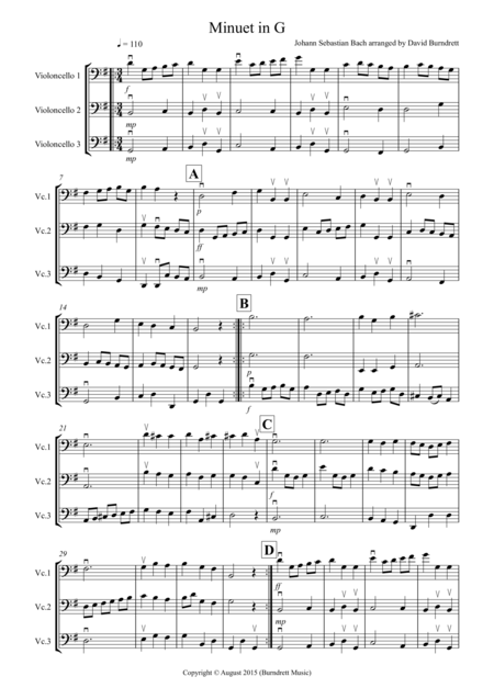 Minuet In G By Bach For Cello Trio Sheet Music