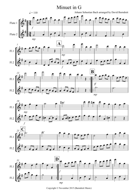 Minuet In G By Bach For Flute Duet Sheet Music