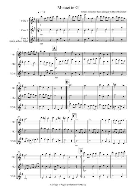 Free Sheet Music Minuet In G By Bach For Flute Trio