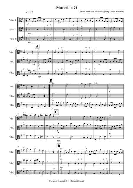 Minuet In G By Bach For Viola Trio Sheet Music