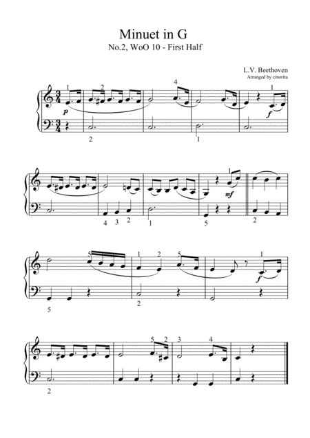 Free Sheet Music Minuet In G By Beethoven For Beginner
