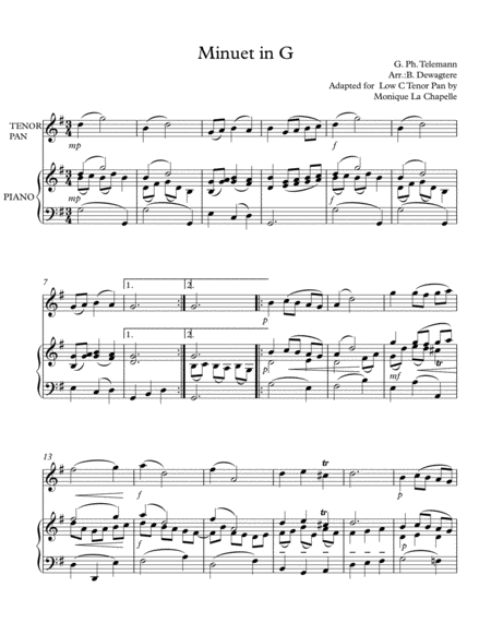 Minuet In G By George Phillip Telemann Low C Tenor Pan Sheet Music