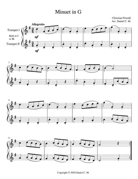 Free Sheet Music Minuet In G For Trumpet Duet
